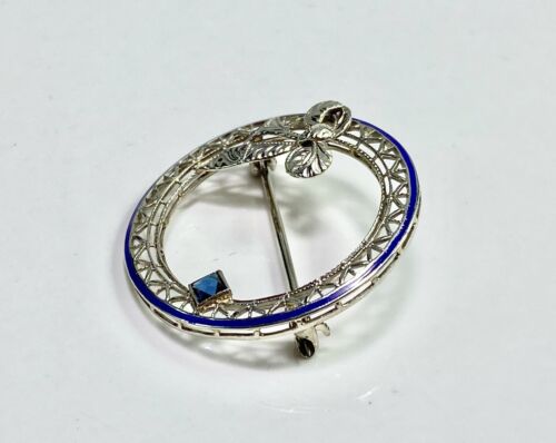 Art Deco 10k White Gold Square Blue Color Sapphire Filigree Ribbon Pin Brooch