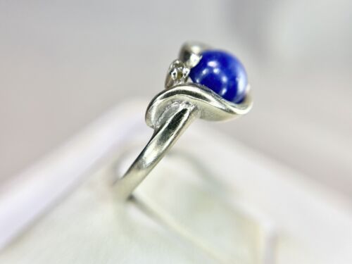 Vintage 14k White Gold Natural Round Blue Star Sapphire Round Diamond Ring