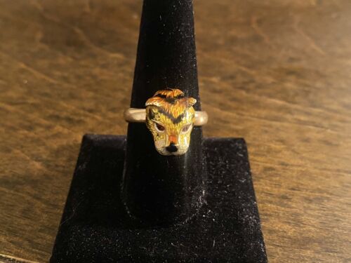 Vintage 14k Rose Gold Signed Designer Tiger Head Enamel Big Cocktail Ring