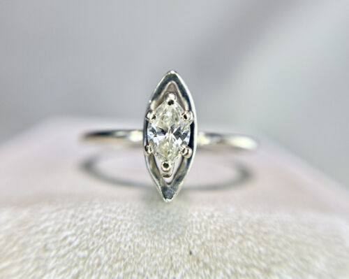 Art Deco 14k White Gold Natural Marquise Shape Diamond Solitaire Engagement Ring