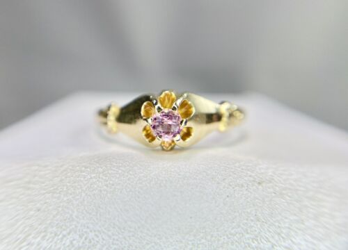 Vintage 14k Yellow Gold Round Natural Pink Sapphire Small Solitaire Ring