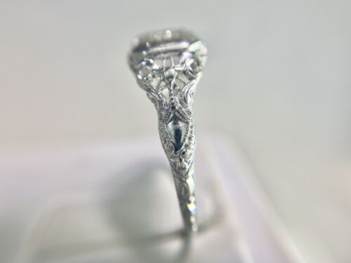 Art Deco 18k White Gold Round Single Cut Diamond Filigree Small Engagement Ring