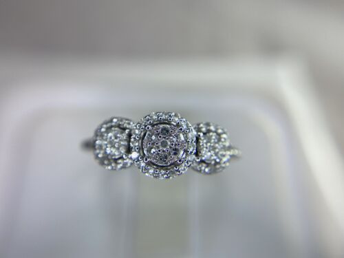 10k White Gold Designer Round Single Cut Natural Diamond Three Cluster Ring