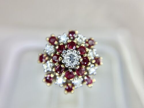 Vintage 14k Yellow Gold Natural Round Diamond Red Ruby Big Cocktail Ring 1.75 CT