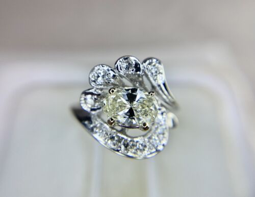 Art Deco 14k White Gold Certified Natural Oval Round Diamond Engagement Ring