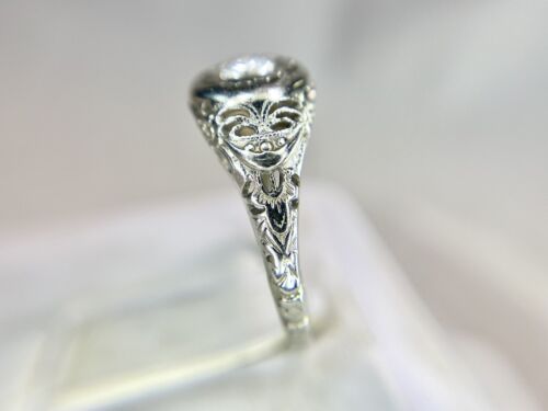 Art Deco 18k White Gold Natural Old Cut Round Diamond Filigree Engagement Ring