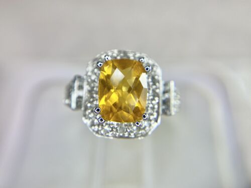 Vintage 14k White Gold Emerald Cut Orange Citrine Round Diamond Cocktail Ring