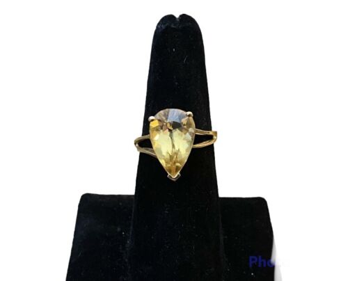 Vintage 10k Yellow Gold Pear Shape Big Orange Citrine Solitaire Statement Ring