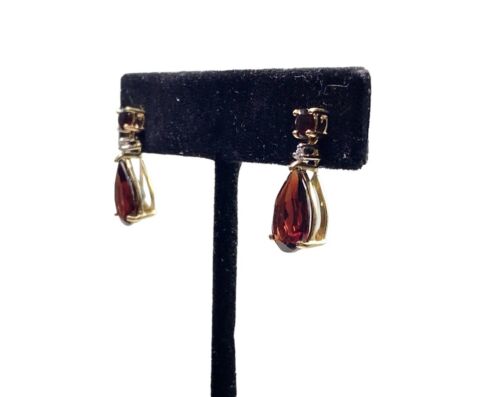 14k Yellow Gold Designer Pear Shape Red Garnet Round Diamond Dangle Earrings