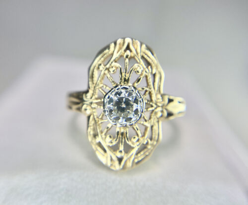 Art Deco 14k Yellow Gold Old European Diamond Filigree Shield Engagement Ring 