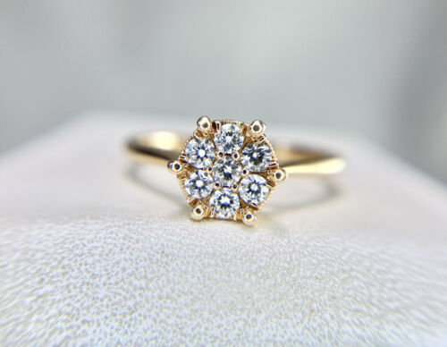 18k Yellow Gold Natural Round Brilliant Diamond Cluster Engagement Ring 1/3 ct