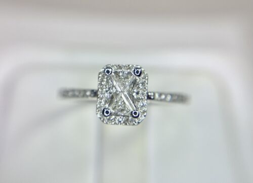 14k White Gold Natural Custom Cut Diamond Radiant Shape Cluster Engagement Ring