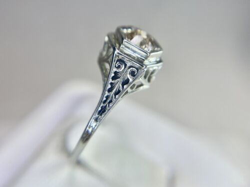 Art Deco 18k White Gold Old European Natural Diamond Filigree Engagement Ring