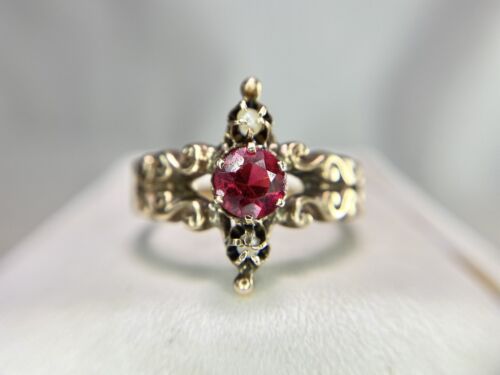 Vintage Victorian 14k Yellow Gold Natural Round Pink Rhodolite Garnet Pearl Ring