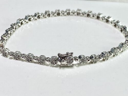 10k White Gold Designer Natural Round Diamond Cluster Set Tennis Bracelet 2 ct