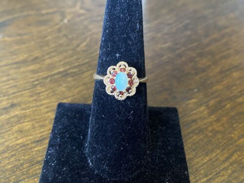 Vintage 10k Yellow Gold Oval White Opal Rhodolite Garnet Halo Cocktail Ring