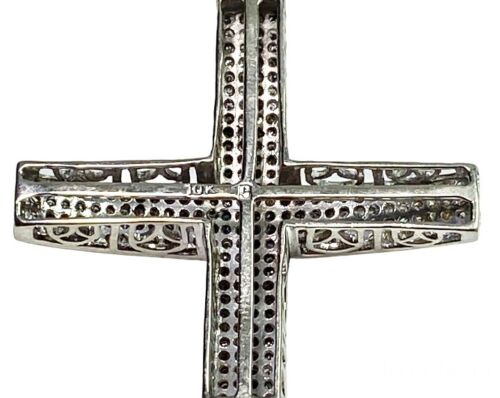 10k White Gold Natural Round Single Cut Diamond Big Cross Pendant 