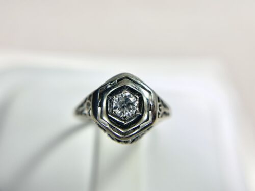 Vintage Art Deco 14k White Gold Natural Old European Diamond Filigree Ring