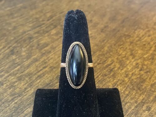 Vintage 14k Rose Gold Navette Oval Shape Black Onyx Bezel Set Ring