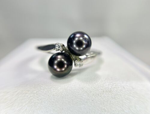 Vintage 14k White Gold Black Tahitian Pearl Round Pearl Diamond Bypass Ring