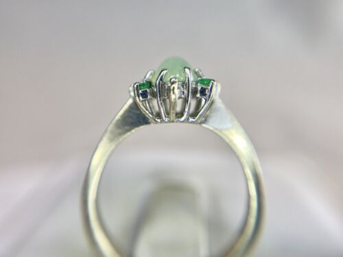 Vintage 14k White Gold Oval Light Green Jade Round Diamond Ballerina Ring