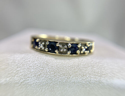 10k Yellow Gold Natural Round Blue Sapphire Round Diamond Wedding Band Ring