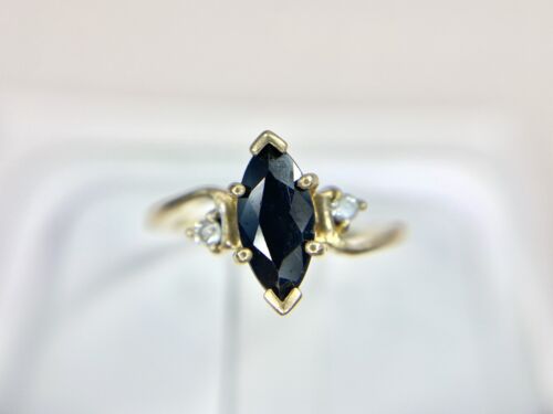 Vintage 10k Yellow Gold Natural Dark Blue Marquise Sapphire Round Diamond Ring