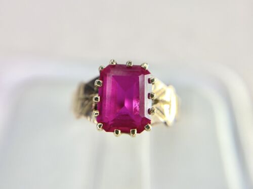 Vintage Victorian 10k Yellow Gold Emerald Cut Pink Stone Engraved Solitaire Ring