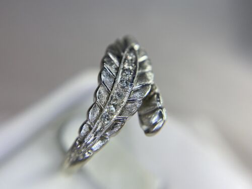 Art Deco 14k White Gold Round Single Cut Diamond Engraved Leaf Feather Ring