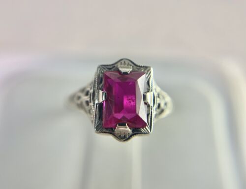 Vintage Art Deco 10k White Gold Emerald Cut Pink Stone Filigree Solitaire Ring