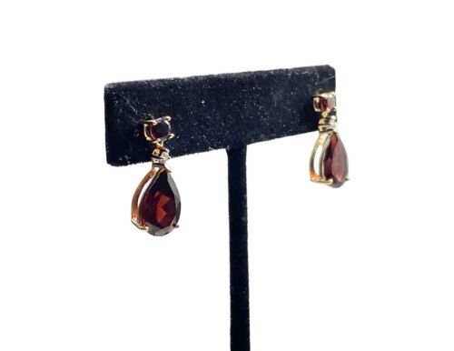 14k Yellow Gold Designer Pear Shape Red Garnet Round Diamond Dangle Earrings