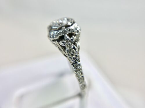 Art Deco 18k White Gold Natural Old European Diamond Engraved Engagement Ring