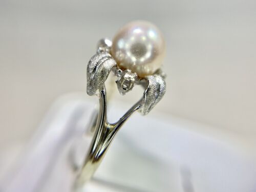 Vintage 14k White Gold White Pearl Round Single Cut Diamond Flower Cocktail Ring