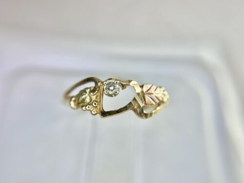 Vintage 10k Yellow Gold Black Hills Gold Diamond Grape Leaf Heart Ring