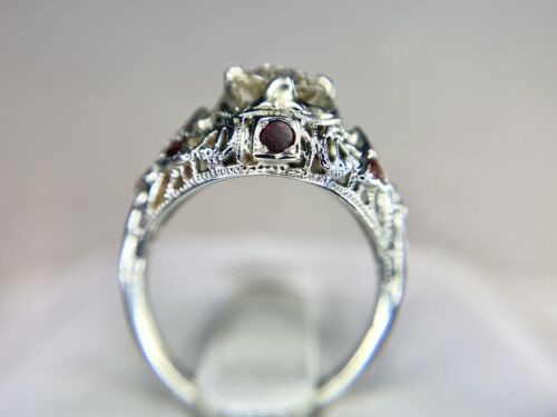 Art Deco 18k White Gold Old European Diamond Rhodolite Garnet Filigree Ring