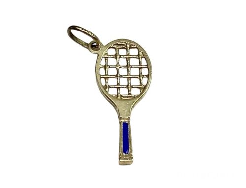 Vintage 14k Yellow Gold Handcrafted Blue Tennis Racket Charm Pendant