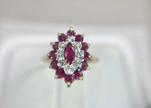 Vintage 10k Yellow Gold Natural Marquise Red Ruby Round Diamond Cocktail Ring