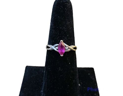 Vintage 10k White Gold Designer Marquise Pink Ruby Round Diamond Ring