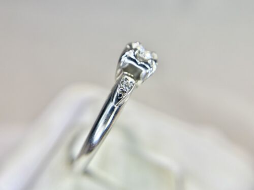 Art Deco Signed 14k White Gold Natural Round Diamond Small Engagement Ring