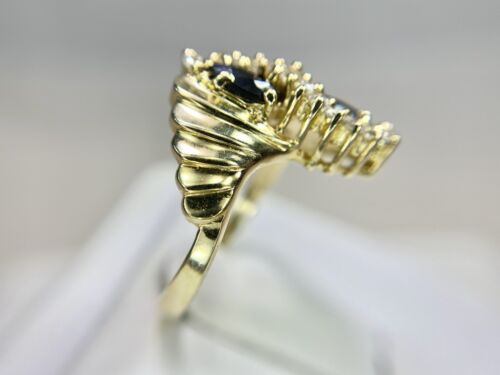 Vintage 14k Yellow Gold Natural Marquise Blue Sapphire Round Diamond Bypass Ring