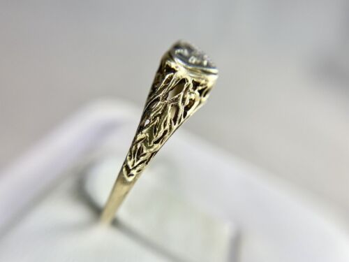 Vintage Art Deco 10k Yellow Gold Round Single Cut Diamond Heart Shape Small Ring