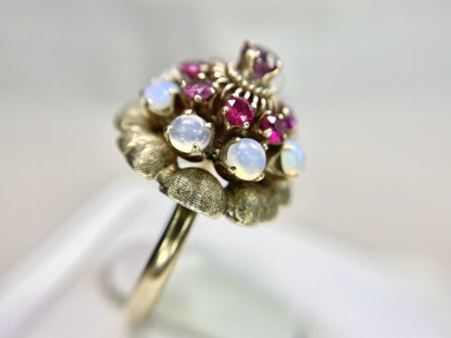 Vintage 14k Yellow Gold Round Red Pink Ruby White Opal Big Cocktail Ring