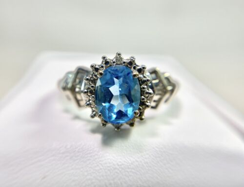 Vintage 10k White Gold Oval Blue Topaz Baguette Round Diamond Halo Cocktail Ring