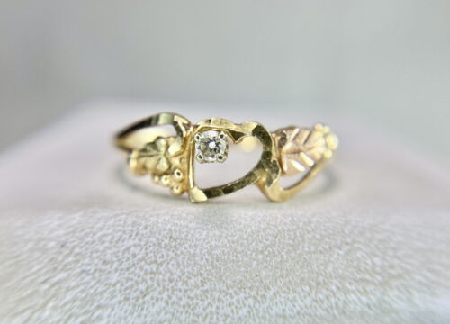 Vintage 10k Yellow Gold Black Hills Gold Diamond Grape Leaf Heart Ring