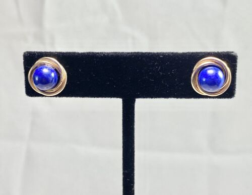 Vintage 14k Yellow Gold Handcrafted Natural Round Lapis Lazuli Stud Earrings