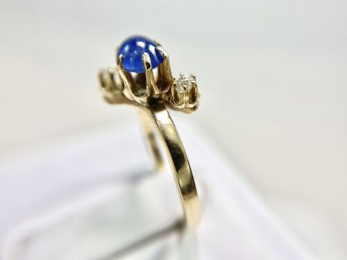 Victorian 14k Yellow Gold Round Blue Cabochon Sapphire Old European Diamond Ring