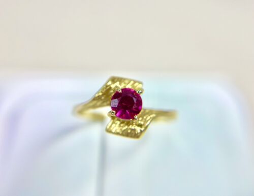 Vintage 14k Yellow Gold Lab Created Pink Sapphire Bypass Solitaire Ring