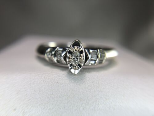 Estate 14k White Gold Marquise Cut Baguette Diamond Small Engagement Ring