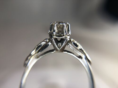 Vintage Art Nouveau Leaf 14k White Gold Old European Diamond Engagement Ring 