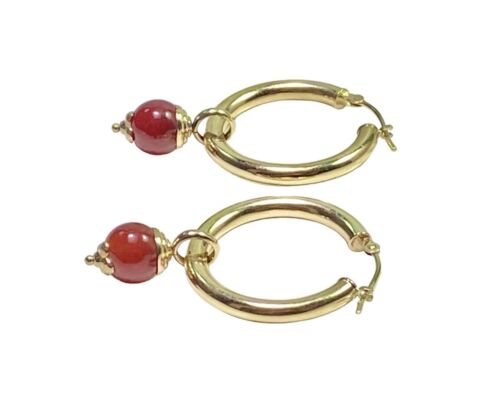 Vintage 14k Yellow Gold Round Red Gemstone Hallow Big Hoop Earrings